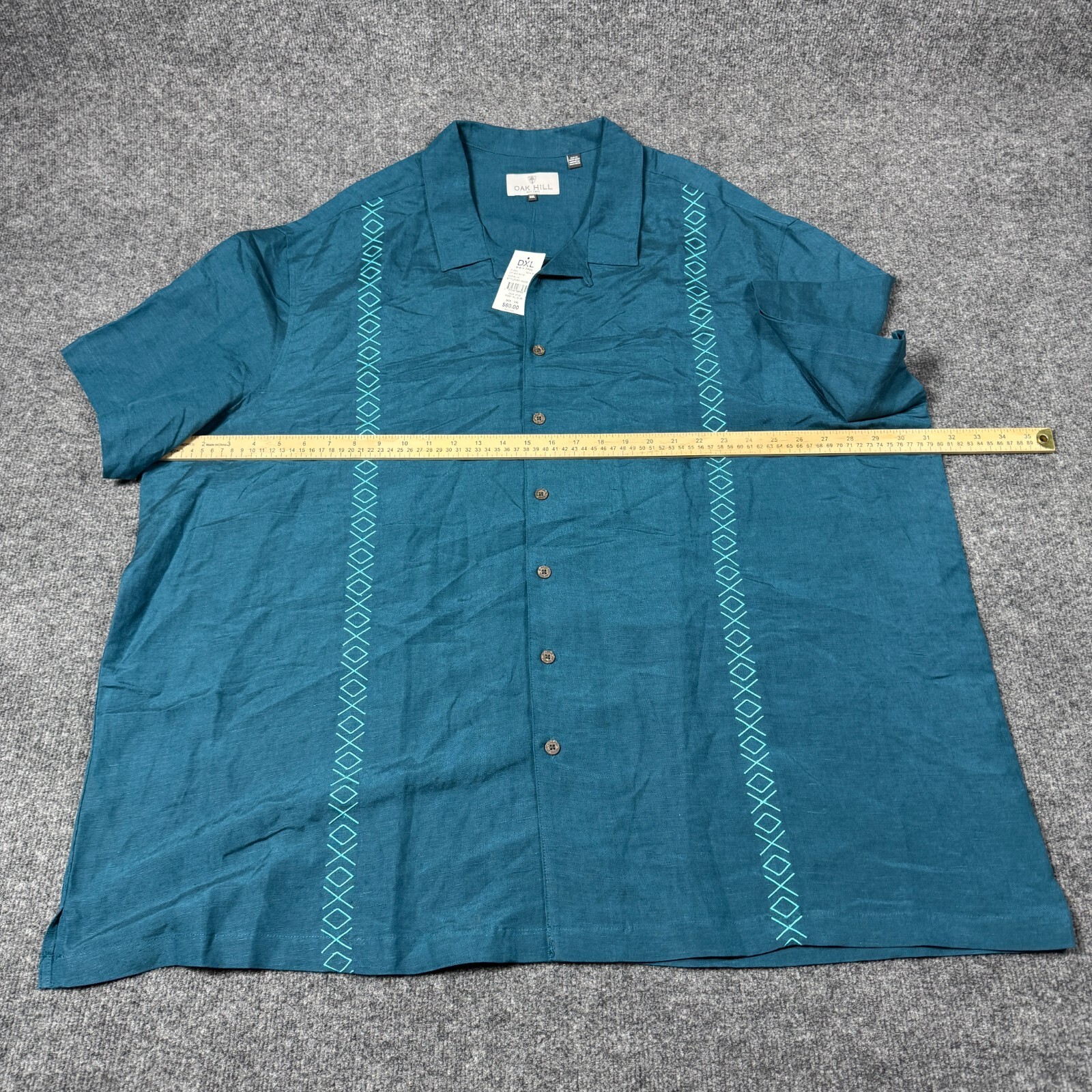 Oak Hill Shirt Mens 3XL Blue Embroidered Linen Blend Button Down Short Sleeve