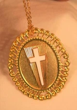 Lovely Swirl Rim Textured White Enameled Cross Triangle Goldtn Necklace Brooch