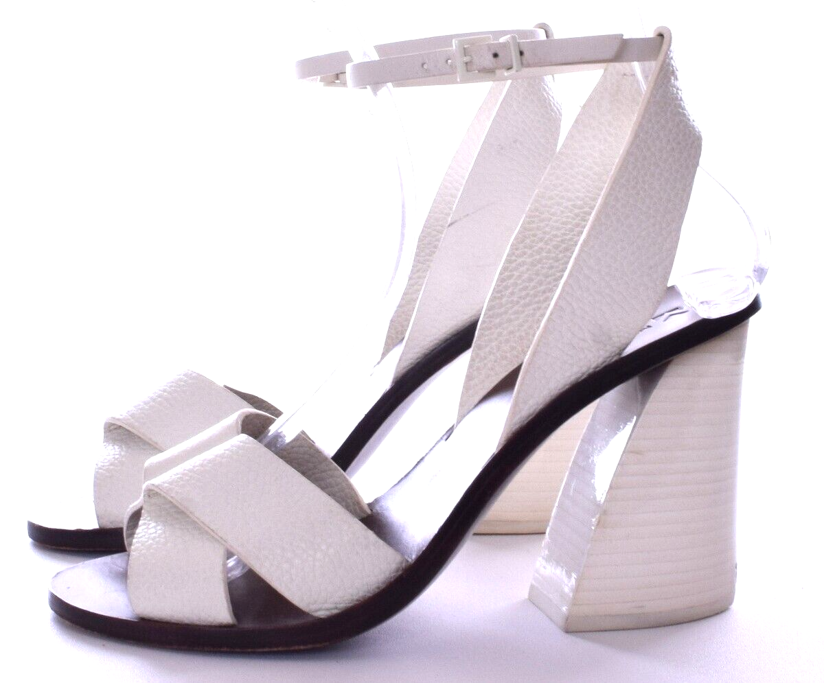 MERCEDES CASTILLO White Leather Chunky Heel Ankle Strap Sandals