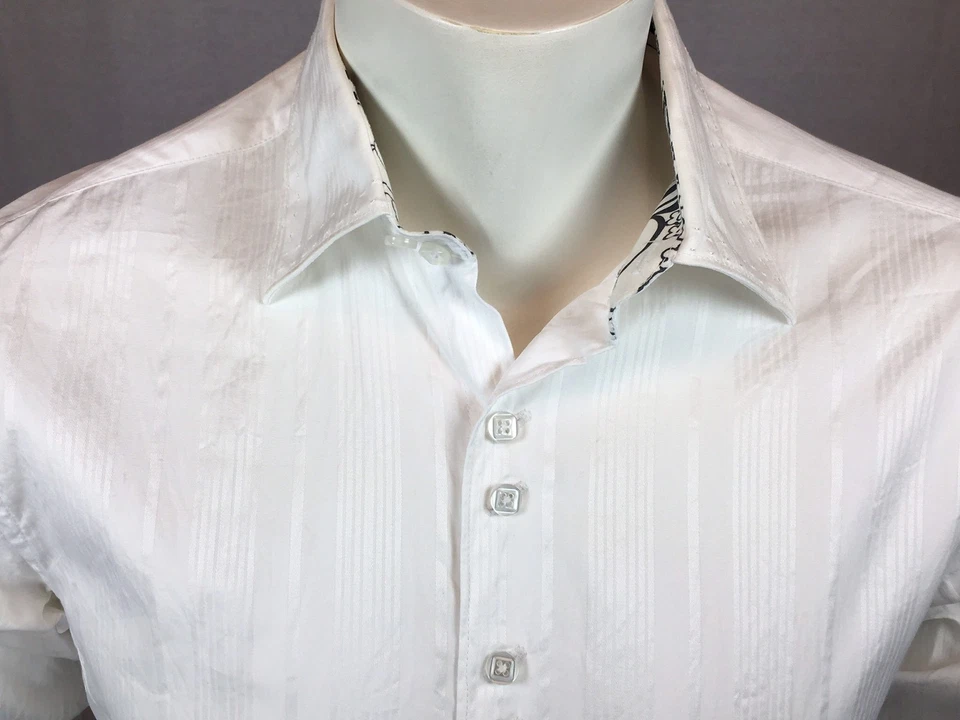 Camisa Para Hombre Enzo Denim Mediana Sólida Blanca Plata Puño Flora Patrón L/S Foto 2 de 4