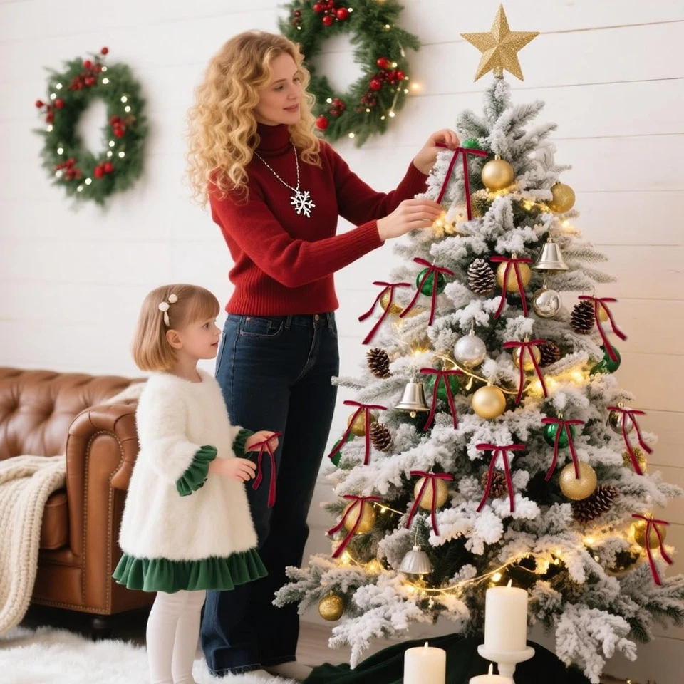 24 Pcs 3/8'' Wide, 5 * 7 inch Red Velvet Bows,Vintage Christmas Tree Ribbon Gift - Image 3 of 4