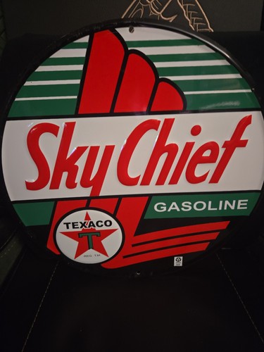 Texaco Sky Chief Gasoline 12” Round Tin Sign– Replica VTG Gas & Oil Garage Decor