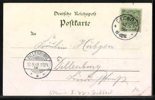 Lithographie Frankfurt-Seckbach, Totalansicht, Ausschank mit Gästen 1898 - Bild 2 von 2
