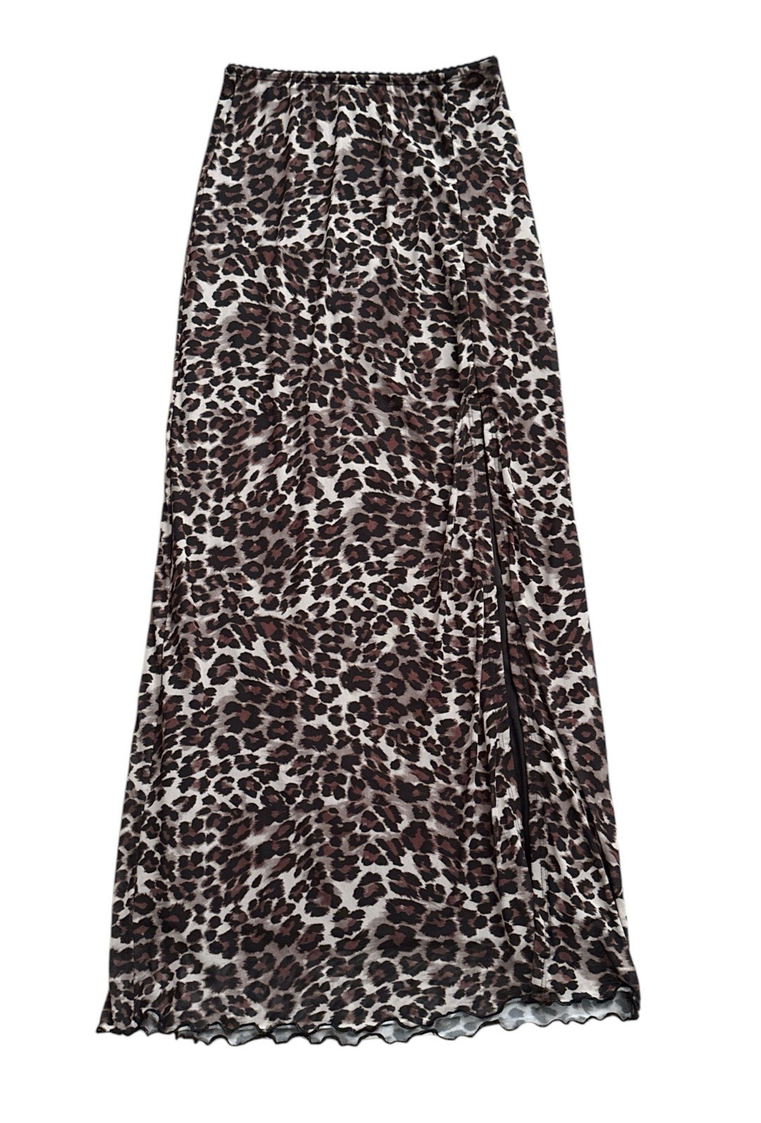 Originality Women Small Leopard Print Maxi Skirt Pull On Elastic Waist Side Slit