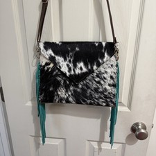 Genuine Cowhide Crossbody Purse With Turquoise Fringe