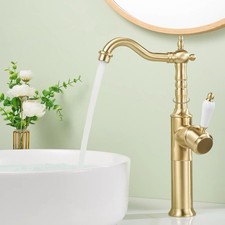 Traditional Brushed Gold Basin Mixer Ceramic Handle Swivel Spout Sink Faucet Tap