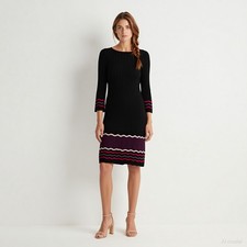 Retro Mod Knee Length Jumper Dress Multi Striped Fine Knit Bodycon Sleeve XS