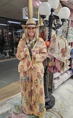 A Rare Bird Floral Dahlia Patchwork Jacket and Pants Set Bohemian NWT