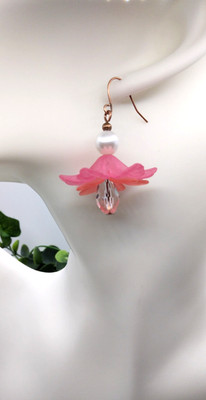 Frosted Pink Orange Flower Dangle Earring Antique Copper Floral 2'' Vintage Style