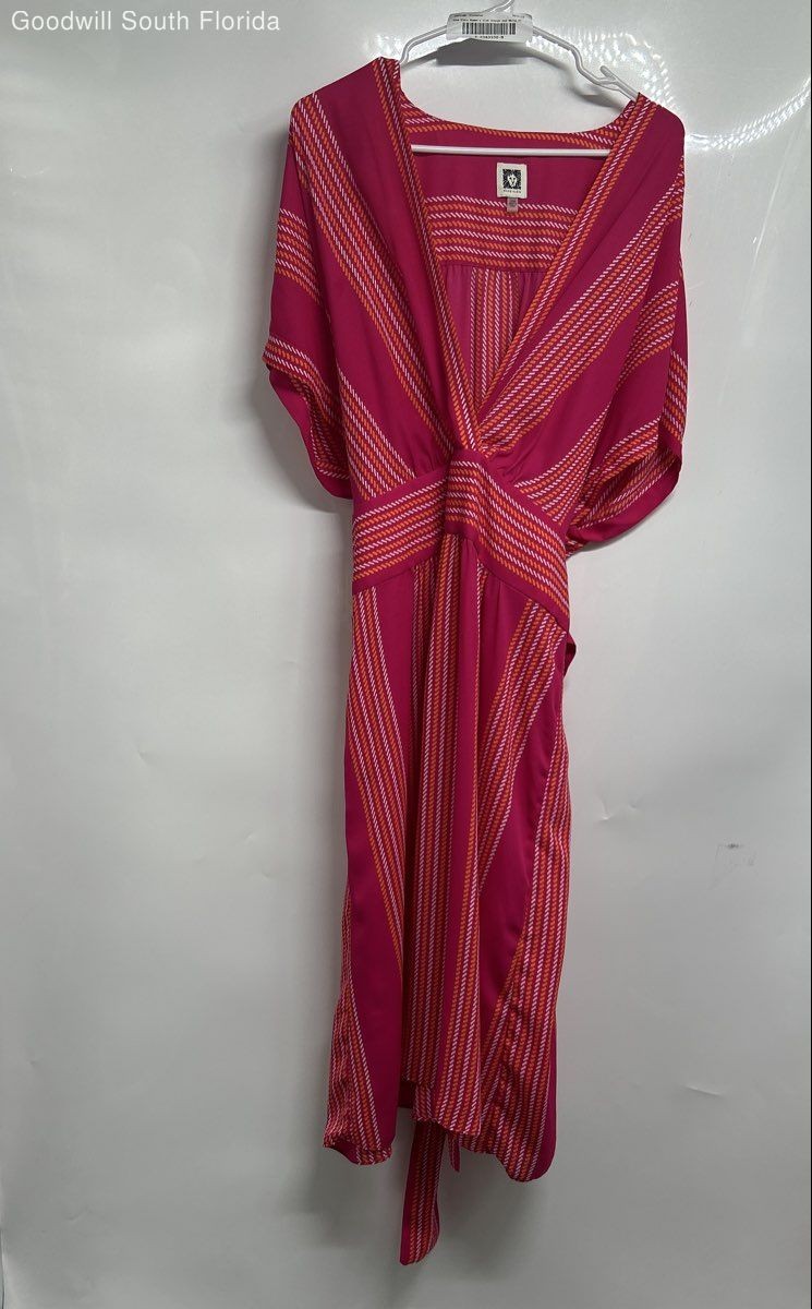 Anne Klein Womens Pink Orange White Striped V-Neck Short Sleeve A-Line Dress 20W