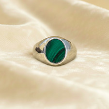 Natural Malachite Dome Ring, Bezel Set Gemstone Thick Band Ring 925 Silver Fine