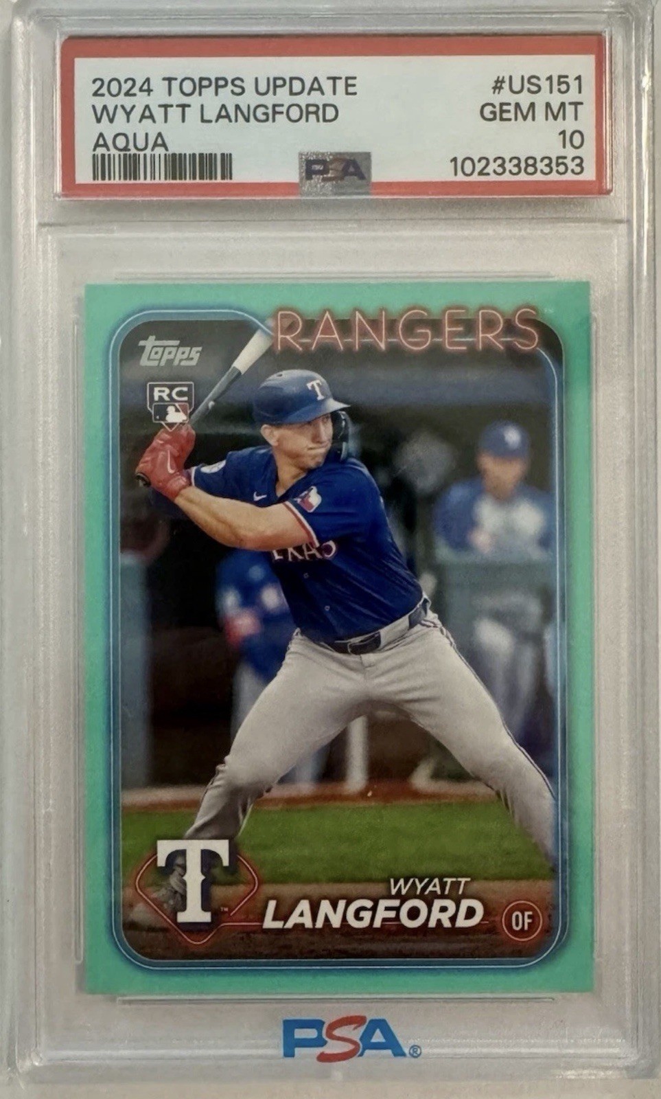 2024 Topps Update Wyatt Langford #US151 Aqua PSA 10 (RC) Texas Rangers Rookie