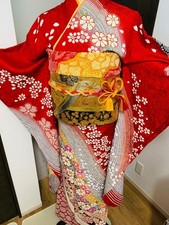 Kimono Set with Flowers Waves Silver  Gold Thread Red Pure Silk Used