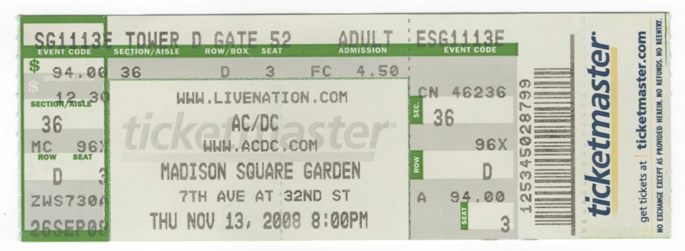 AC/DC 11/13/08 New York City NY Madison Square Garden Ticket! NYC MSG - Image 1 of 1