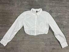 Divided by H&M Top Juniors Medium White Cropped Long Sleeve Button Up Cotton