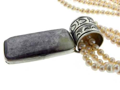 Navajo Sterling Silver 3 Strand Freshwater Pearl Necklace with Amethyst Pendant - Picture 5 of 7