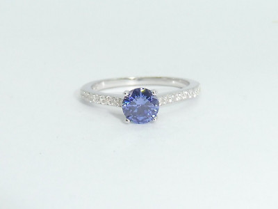 Damen 925 Silber Sterling Tansanit Solitär und weißer Saphir Ring Größe S