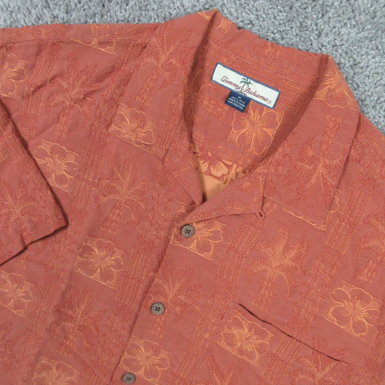 Tommy Bahama Shirt Mens Medium Orange Floral Textured Camp Tropical Aloha Tiki