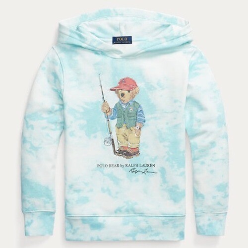 RALPH LAUREN Youth Polo Bear Tie-Dye Print Fleece Hoodie Size Large Teal White