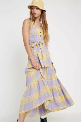 Urban Outfitters UO Katy Slub Plaid Maxi Dress Printed Purple Sleeveless  New XS