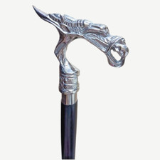 Vintage Silver Dragon Head Handle 3 Fold Walking Stick Folding Cane Wooden Shaft
