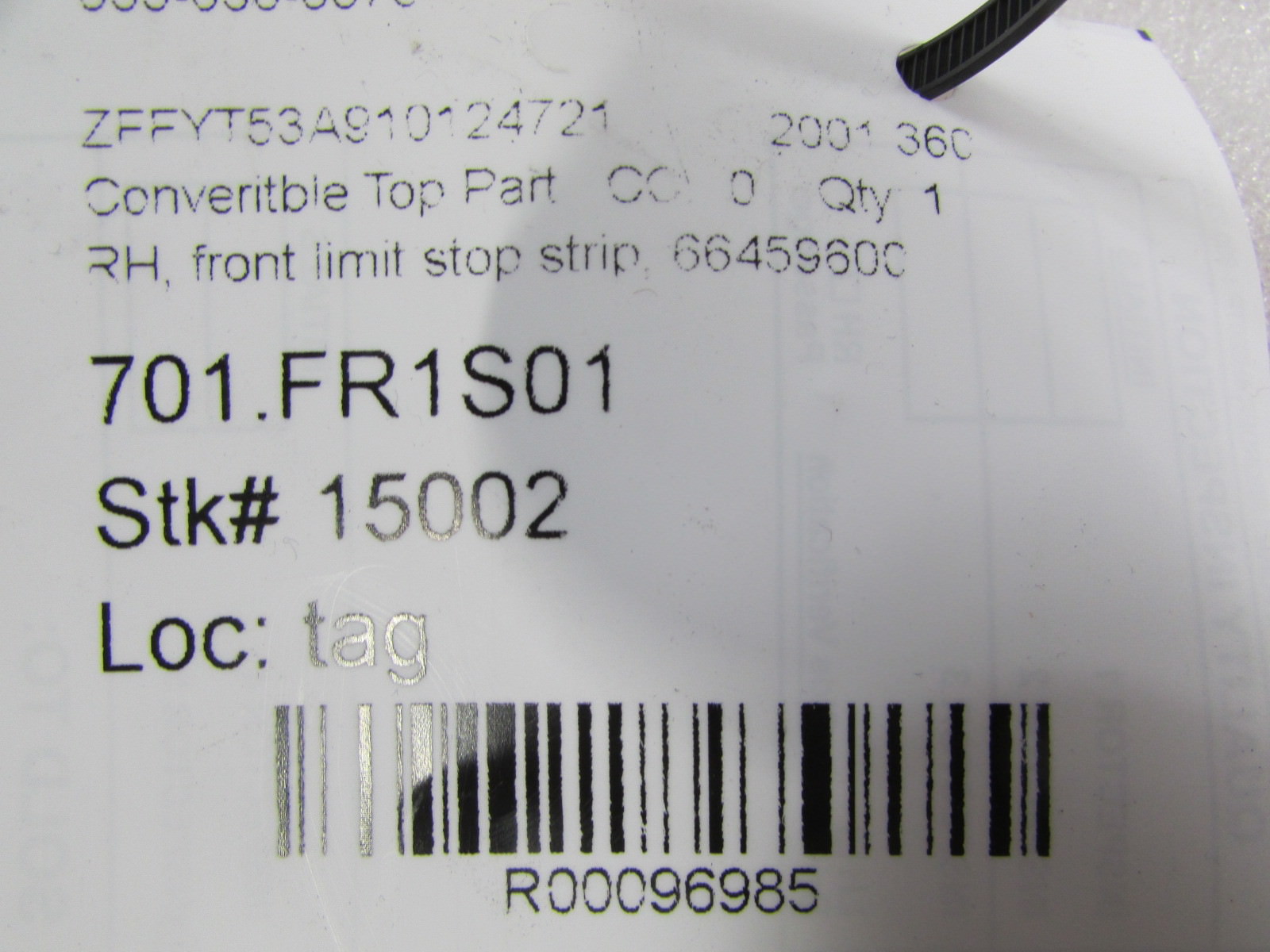 Ferrari 360, Convertible Top Front Limit Stop Strip, Used P/N 66459600