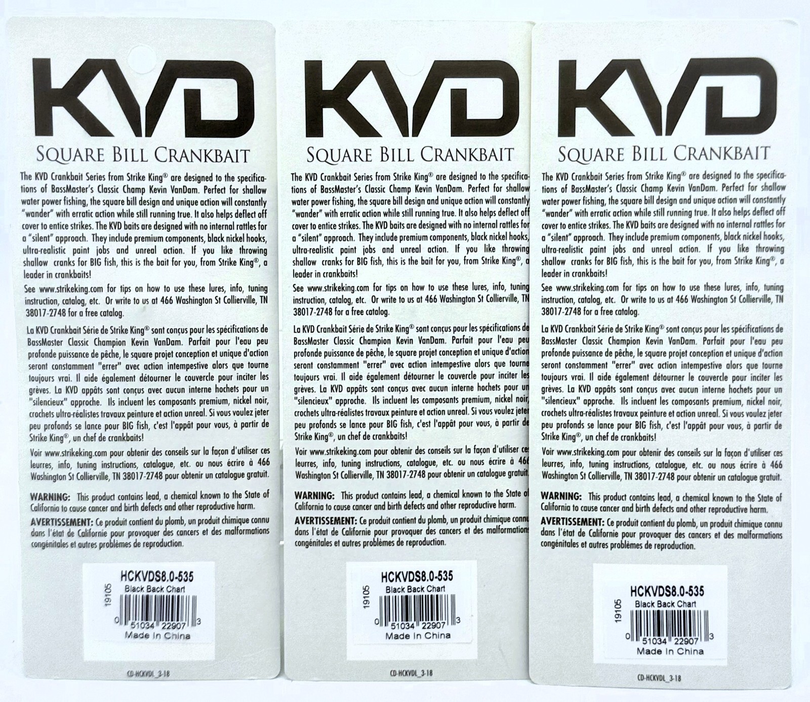 Lot of (3) Strike King KVD 8.0 Magnum Square Bill Crankbait - Black Back Chart - Image 2