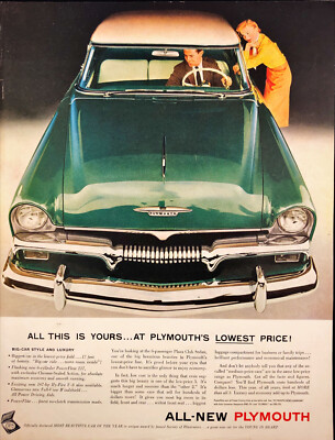 1955 Plymouth Cars Print Ad Green Plaza Club Sedan Couple Admiring