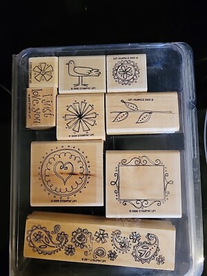 Stampin Up Double Line Doodles Rubber Stamp Set of 9   Bird Flowers Love 