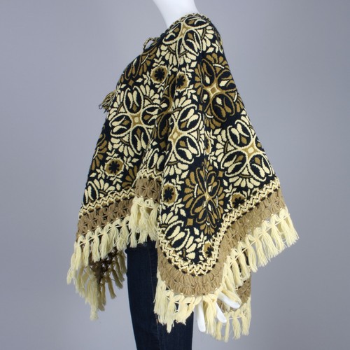 Vintage 1960s Reversible Psychedelic Tapestry Fringe Poncho Shawl Cape 60s 70s - Picture 4 of 8