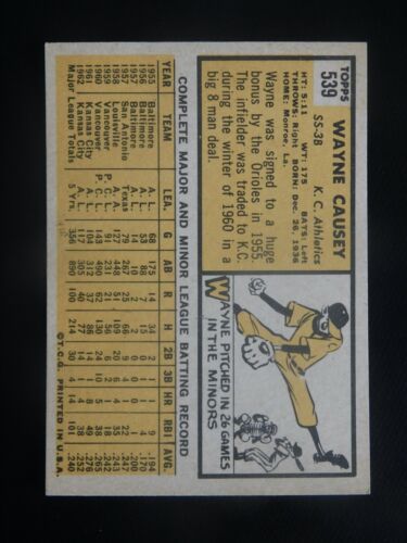 1963 Topps Baseball Card #539 Wayne Causey (NM) - Picture 2 of 2
