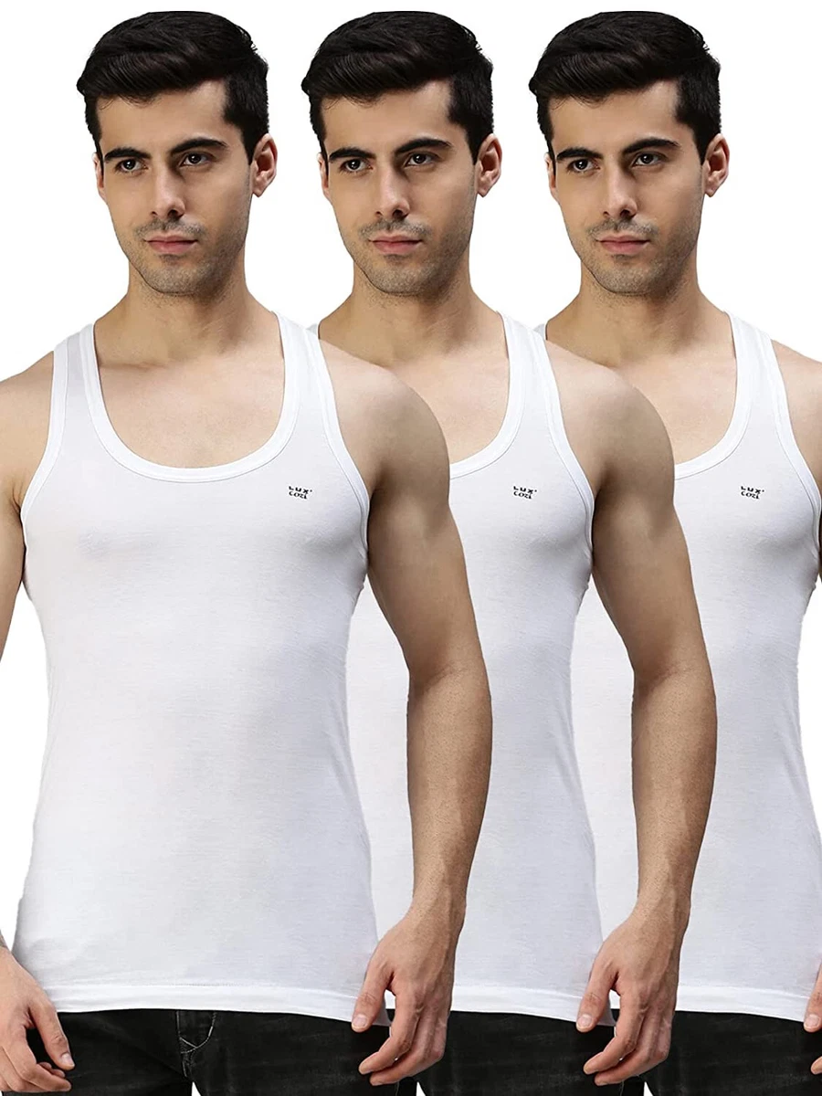 Lux Cozi Men's White Round Neck Sleeveless Cotton Vest (size - 97cm) Pack  of 3