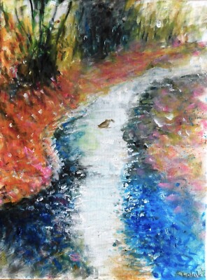 Original Landschaft Ölgemälde signiert von Nalan Laluk: ''Ein Fluss fließt durch ihn''