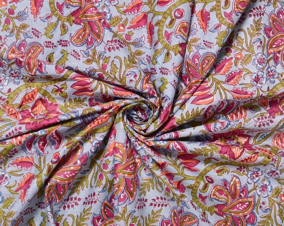 5 Yard Hand Block Print Handmade Cotton Indian Natural Sanganeri Print Fabric - Image 2 of 3