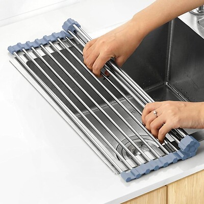 Kitchen Portable Roll Up Dish Drying Rack Stainless Steel Gray Multi Purpose