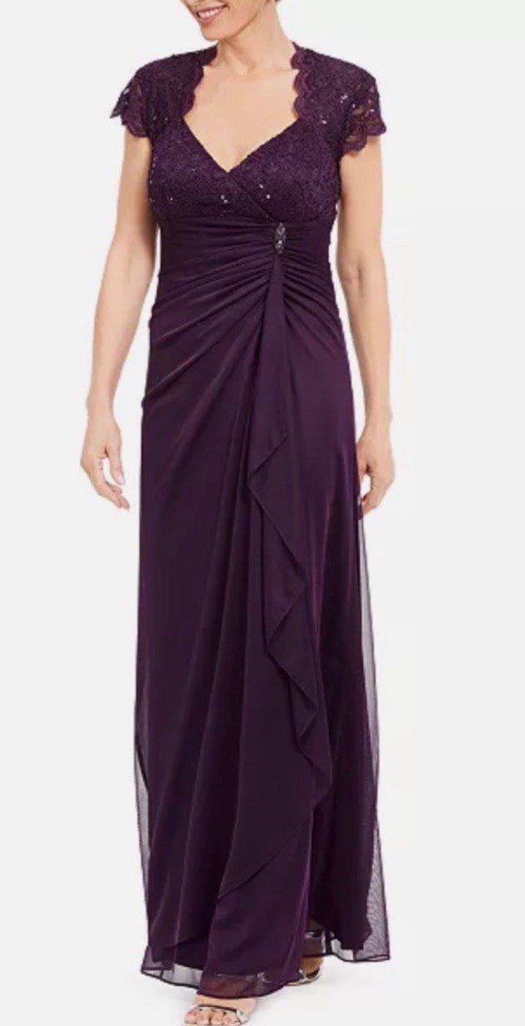Women’s Formal Dress Size 8 BETSY & ADAM Purple Cap Short Sleeves Maxi Gown