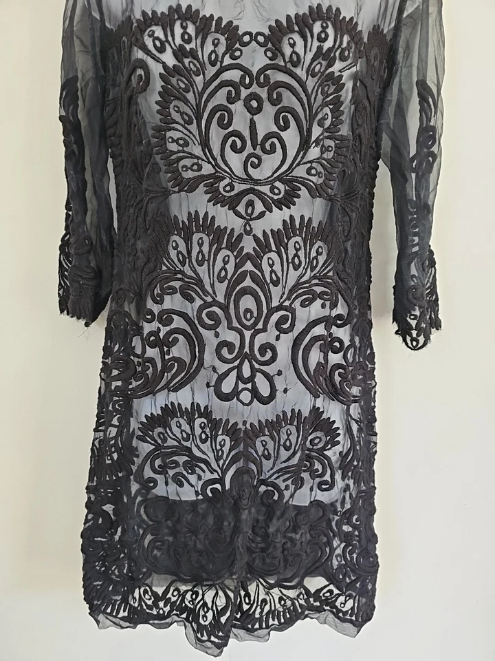 Yoana Baraschi Anthropology Silk Black Embroidered Tulle Shift Dress size 6 - Image 3 of 4