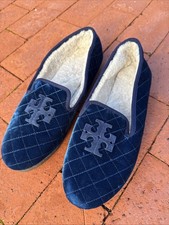 Tory Burch Womens Blue Quilted Smoking Slippers Velvet Size 10 1/2