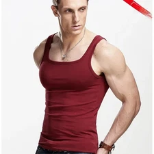 Men's Pure Cotton Fitness Vest Square Collar Sports Base Layer Slim Fit Vest Cas
