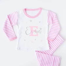 Silver Glitter Initial Pink Striped Christmas Pyjamas