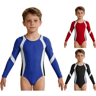 FREEBILY Boys Color Block Gymnastics Leotard Long Sleeve Snap Crotch Practice Competition