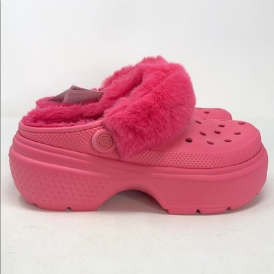 Crocs Classic Stomp Hyper Pink Fur Lined Unisex Platform Clogs - Size 10