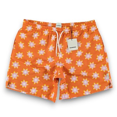 Sandro Paris Men E22 Cold Flowers Print Lined Swim Trunks Shorts Orange XXL NWT