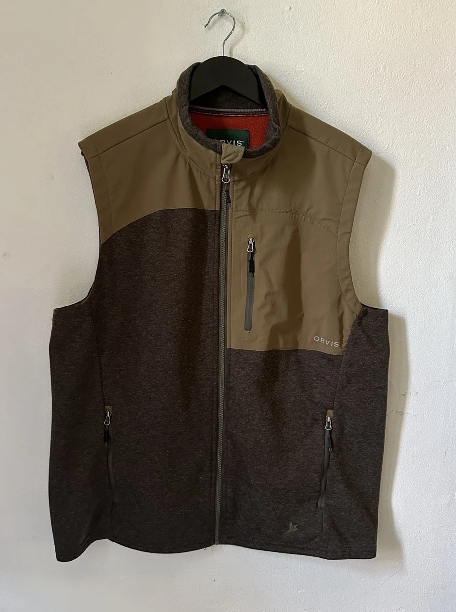 Orvis Vest Mens L Brown Softshell Full Zip Outdoor Fishing Fleece Lined