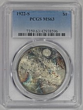 1922-S $1 U.S. Silver Peace Dollar PCGS MS63 Colorful Toning Better Date