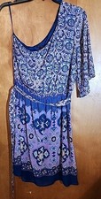 Signature One 1 Flutter Sleeve Boho Dress Blue Purple Lined M Elastic Waist Belt