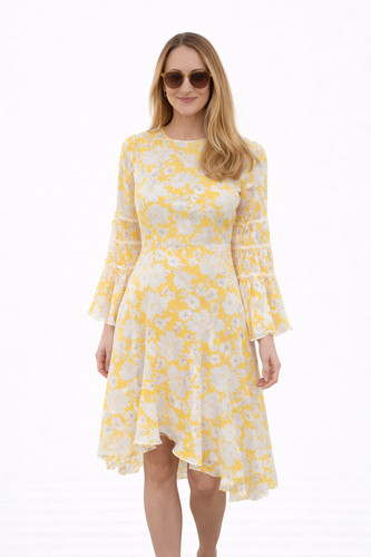 Vintage 70s Cottagecore Prairie Dress Yellow White Rick Rack Hippie Bell Sleeve - Image 1