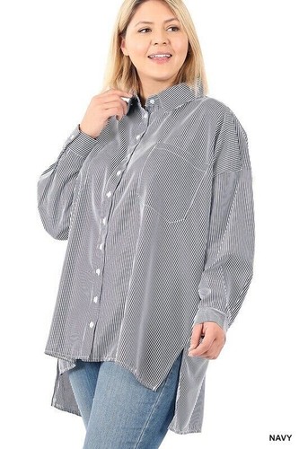 OVERSIZED PLUS 1X ZENANA NAVY striped HI-LO Button Front ToP/Blouse/Shirt BHCS - 第 4/6 張圖片