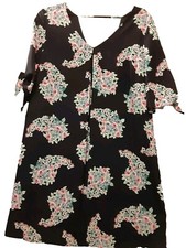 Solgee Dress Sz Large Black Floral Lined Polyester V Neck Front & Back Split Sl