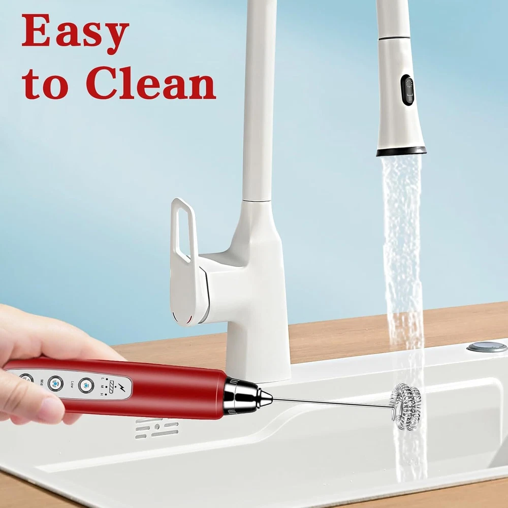 Milk Frother Handheld with Stand, Electric Whisk 3 Speed Adjustable, Red